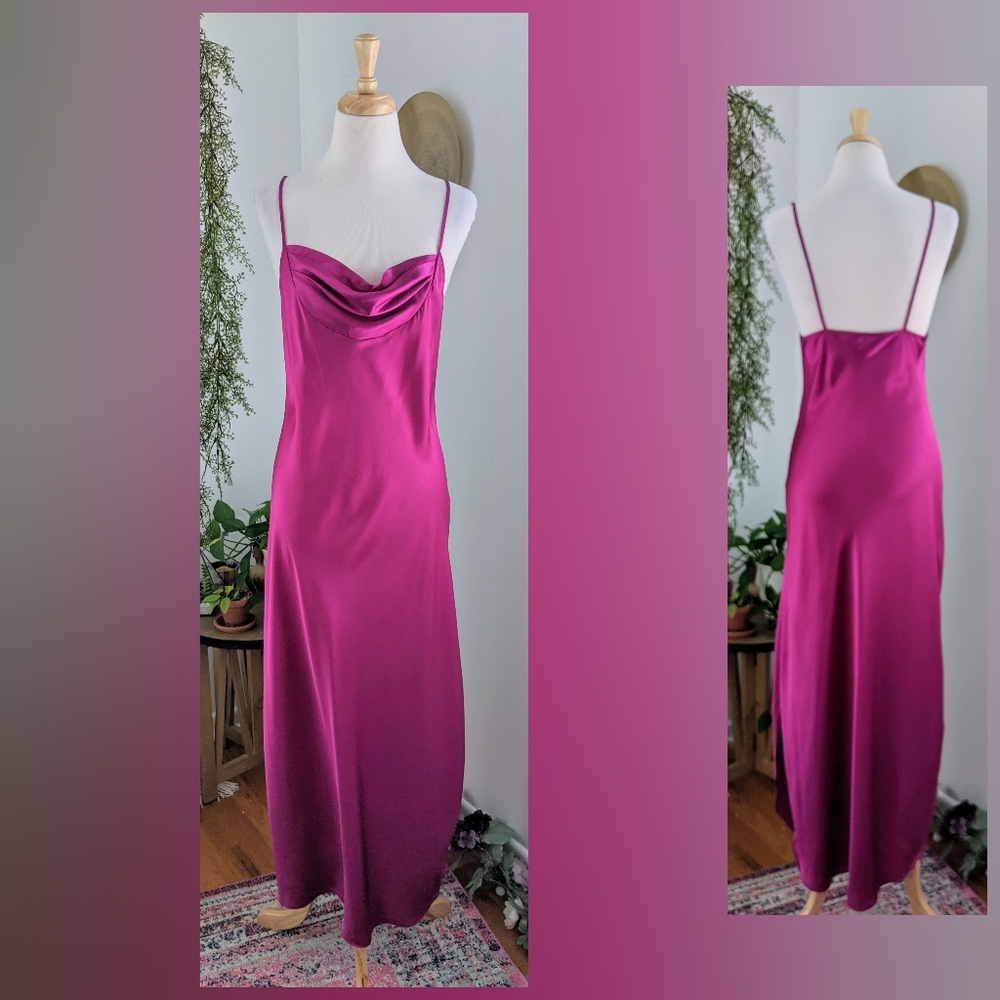 Hot pink cowl neck slip dress with slits